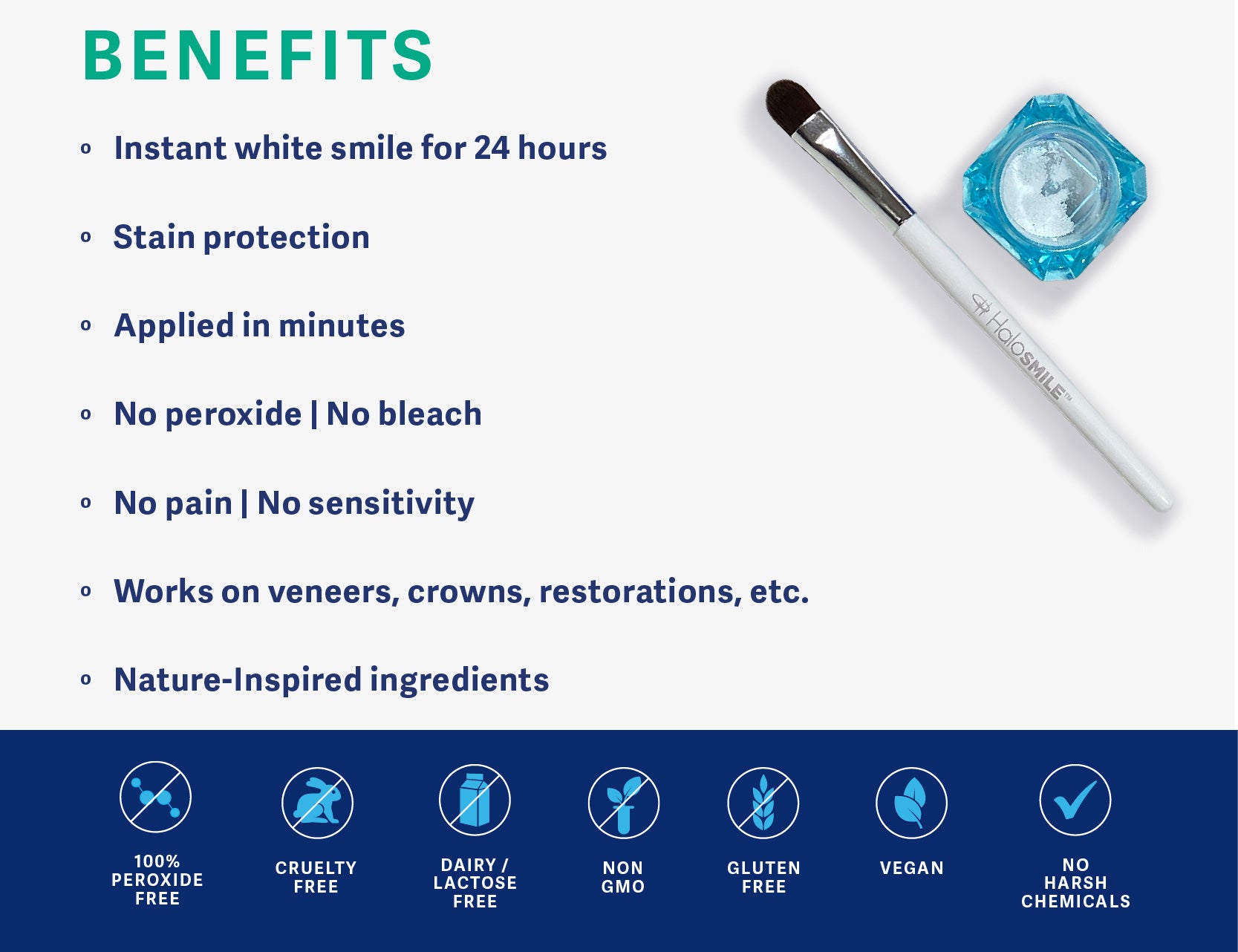 Benefits of Halo Smile paint on teeth whitening. Stain protection. No peroxide. No sensitivity